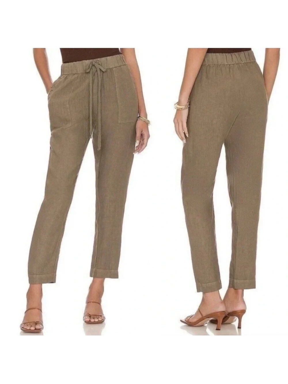 Enza Costa French Linen Drawstring Pants Utility Pull On XS/Small Olive